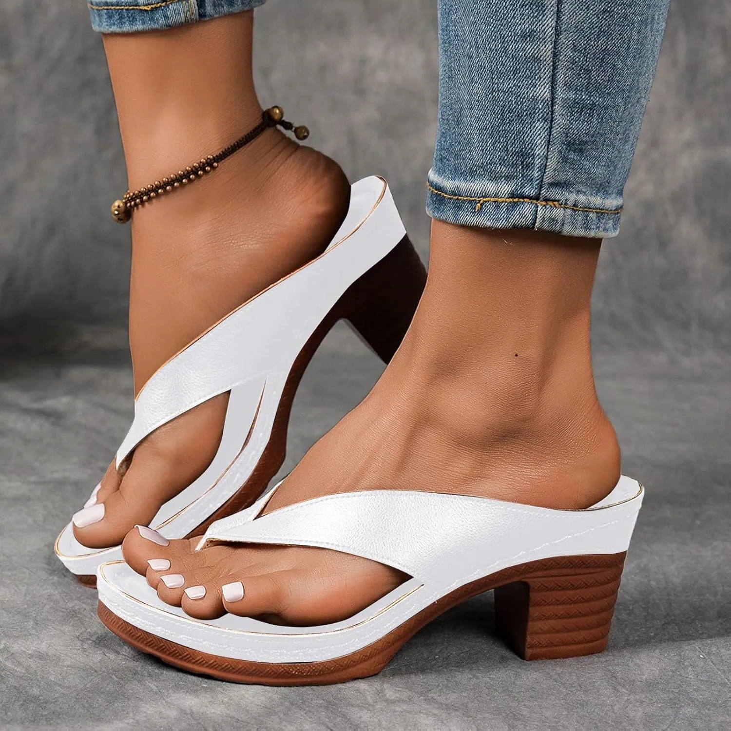 Women's Orthopedic Dressy Chunky Heel Sandal Arch Support Comfortable Slip-On Open Toe Heeled Flip Flops for Women Heels Shoes Wedges for Long Walk Casual Shoes Dressy