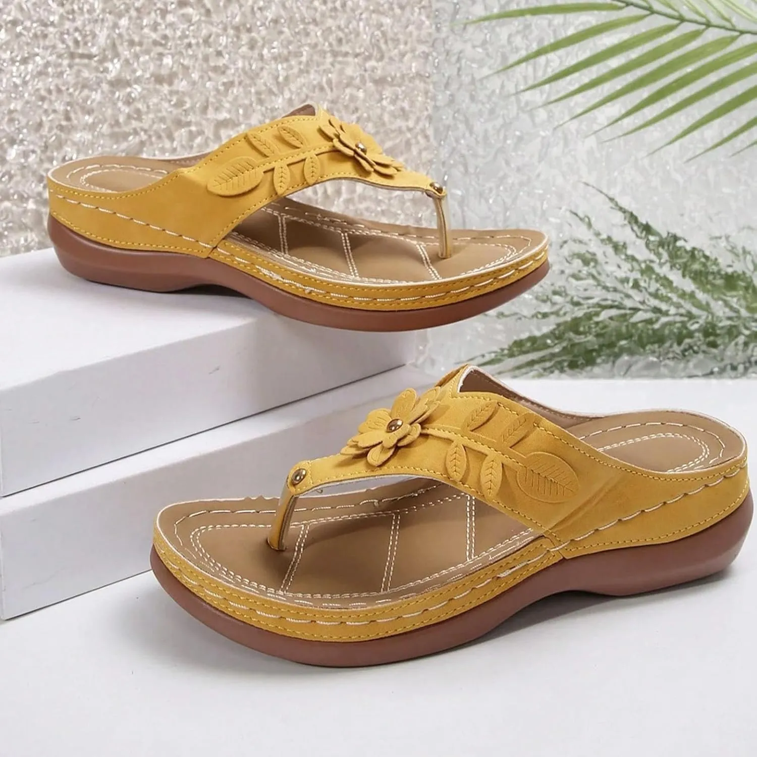 Women's Orthopedic Wedge Sandals - Blue Flip Flops - Wide Width - Dressy Casual Platform Thong Ankle Strap Sandals for Women
