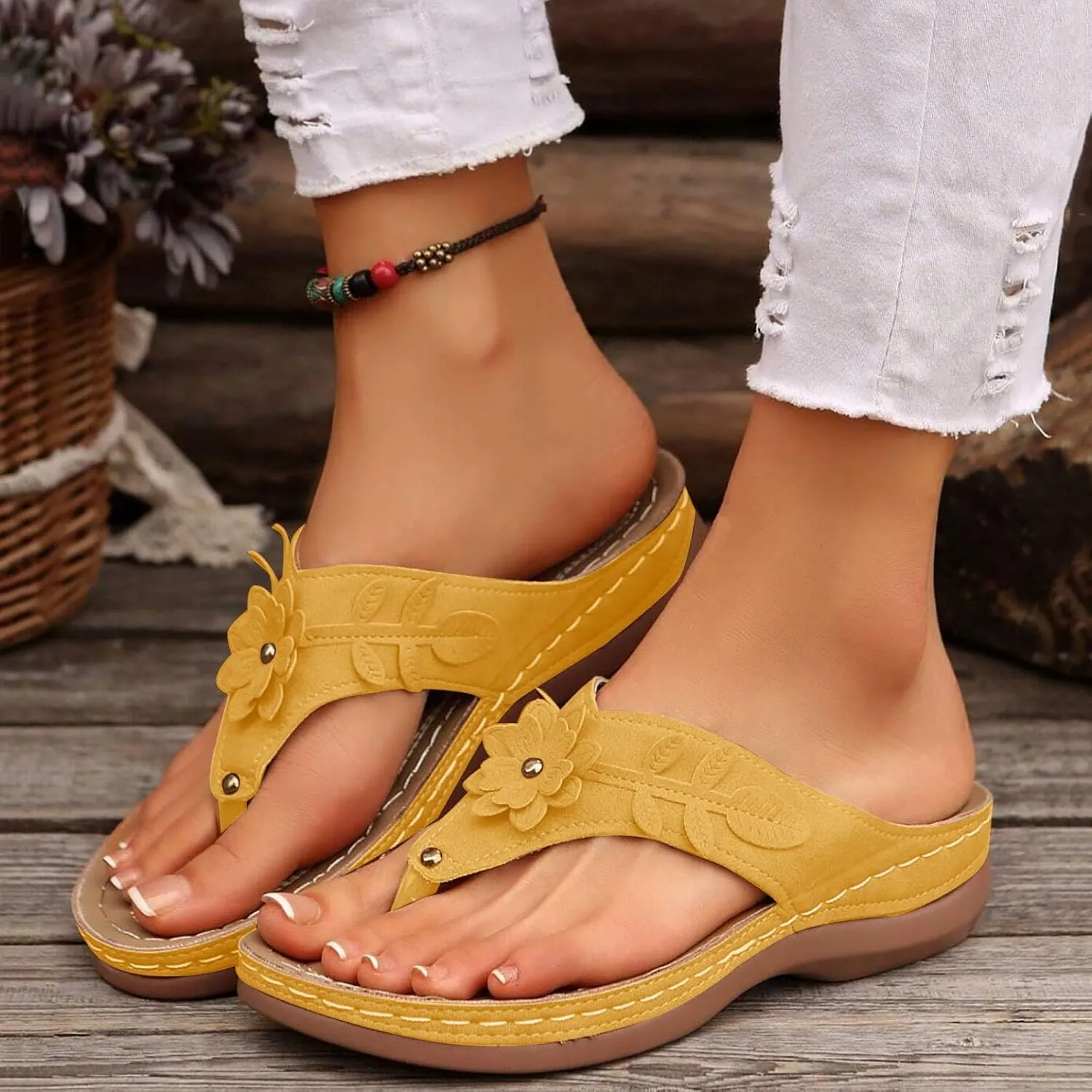 Women's Orthopedic Wedge Sandals - Blue Flip Flops - Wide Width - Dressy Casual Platform Thong Ankle Strap Sandals for Women