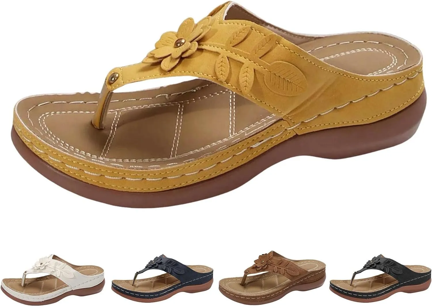 Women's Orthopedic Wedge Sandals - Blue Flip Flops - Wide Width - Dressy Casual Platform Thong Ankle Strap Sandals for Women