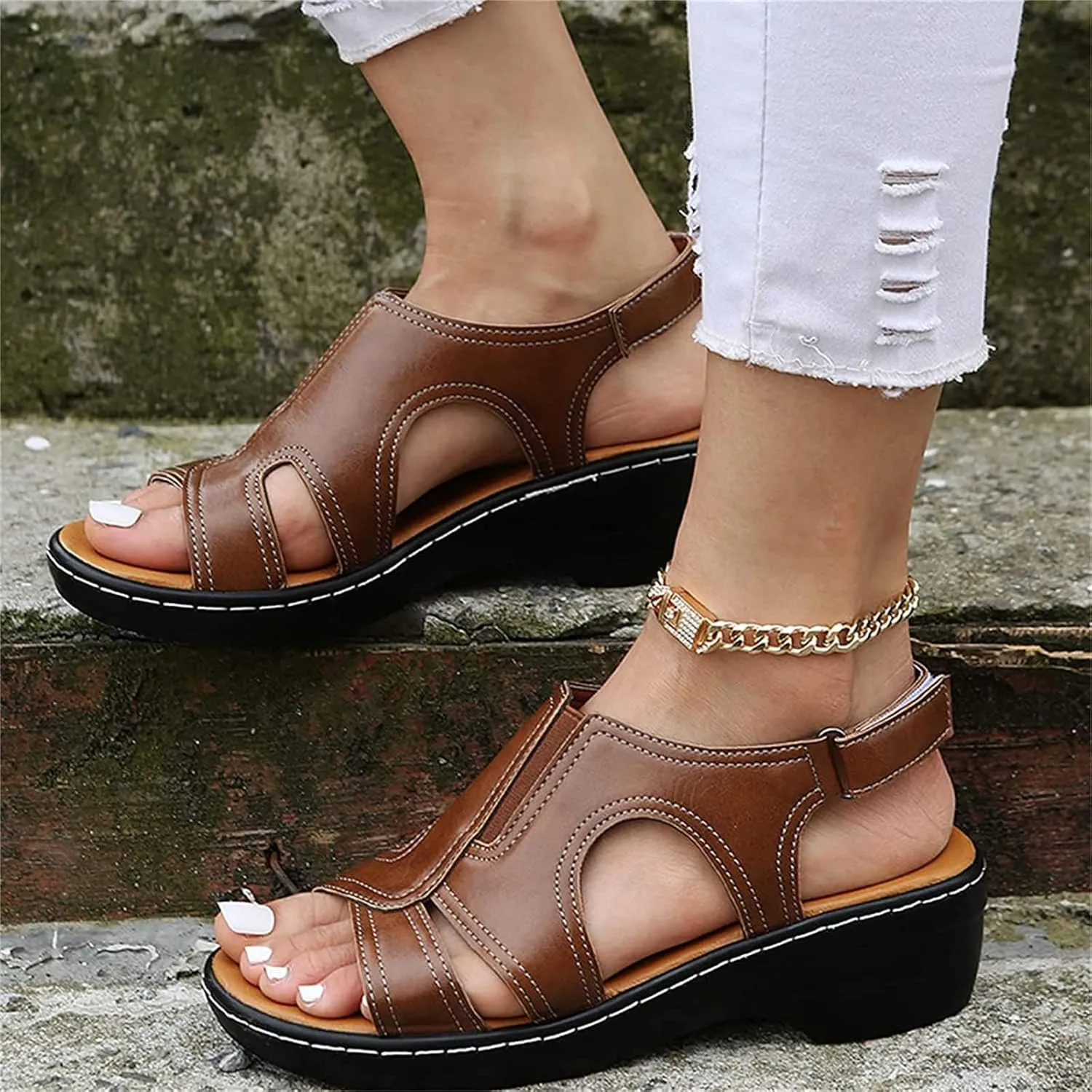 Womens Orthopedic Wedge Sandals Comfortable Slip on Platform Sandals, Wide Width Ankle Strap Open Toe Wedges Summer Casual Walking Shoes with Arch Support
