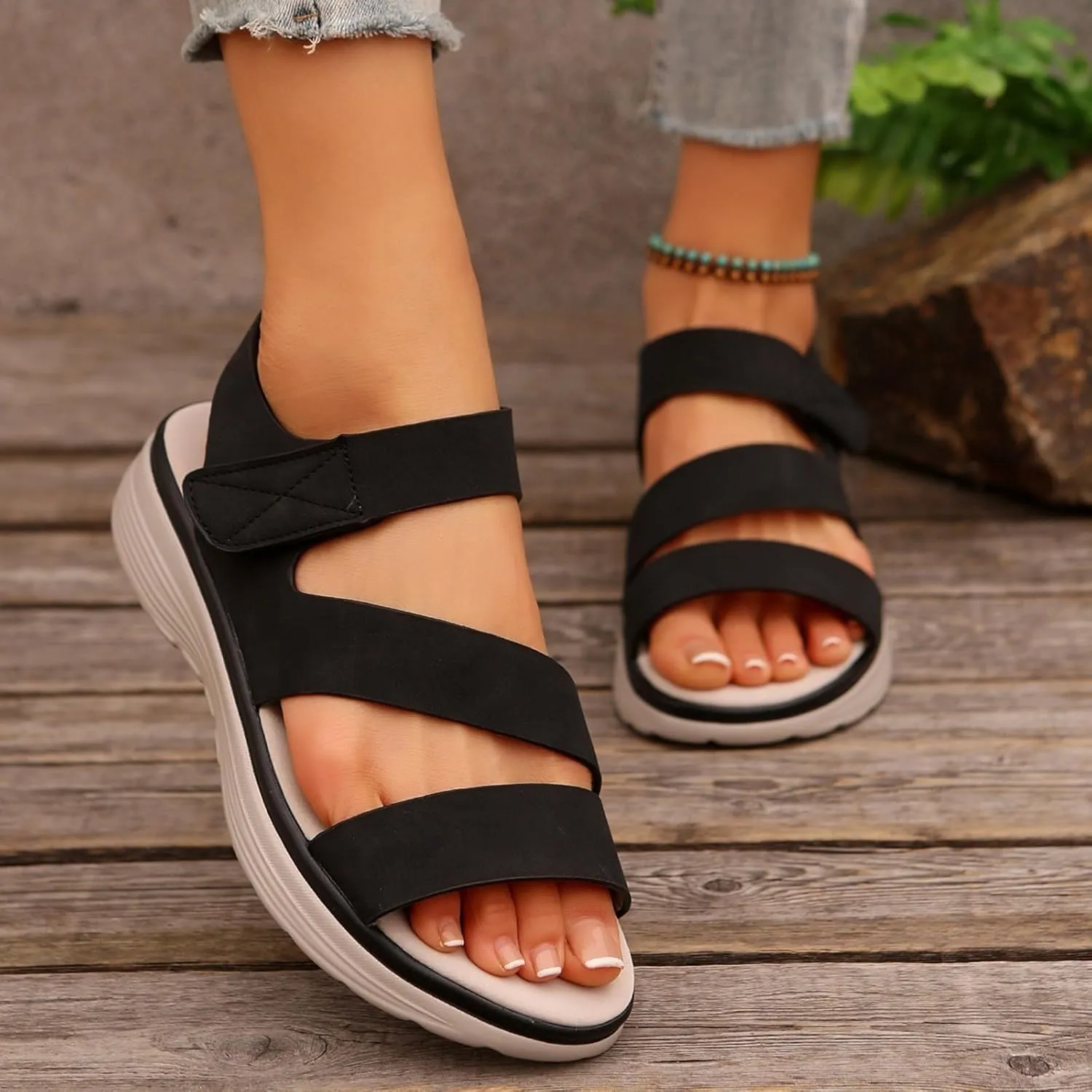 Womens Platform Sandals Wedge Walking Comfortable Casual Double Strap Lightweight Open Toe Orthopedic Sandals with Arch Support
