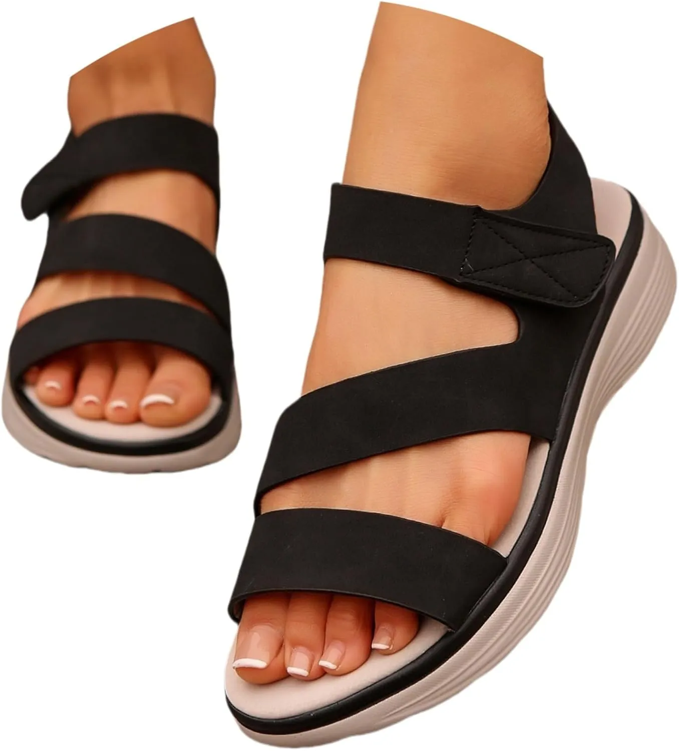 Womens Platform Sandals Wedge Walking Comfortable Casual Double Strap Lightweight Open Toe Orthopedic Sandals with Arch Support