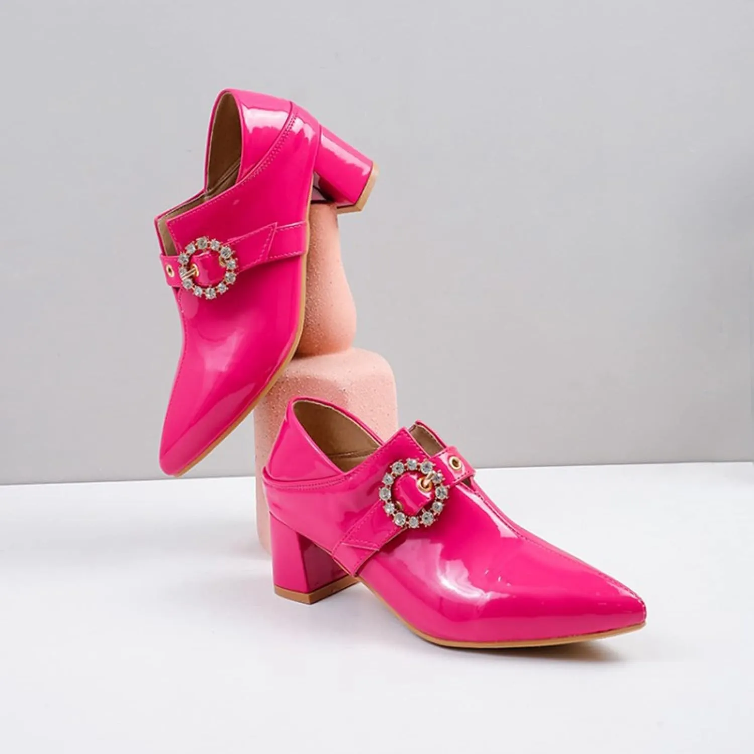 Women's Pointed Toe Dress Pumps Rhinestone Buckle Faux Leather Fashion Chunky Mid Heel Office Shoes