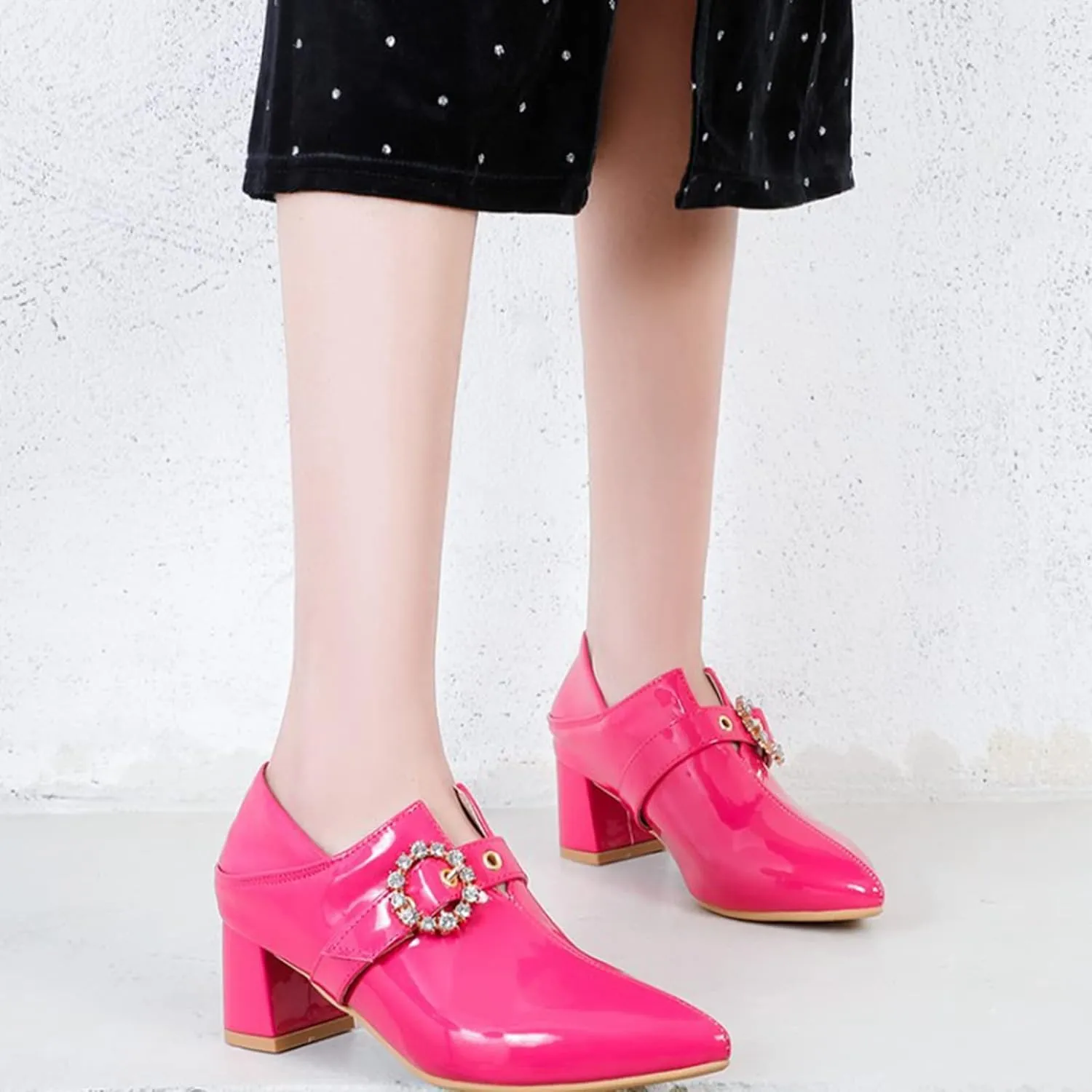 Women's Pointed Toe Dress Pumps Rhinestone Buckle Faux Leather Fashion Chunky Mid Heel Office Shoes