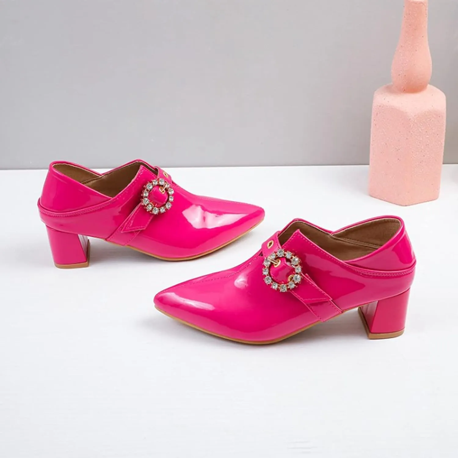 Women's Pointed Toe Dress Pumps Rhinestone Buckle Faux Leather Fashion Chunky Mid Heel Office Shoes