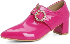 Women's Pointed Toe Dress Pumps Rhinestone Buckle Faux Leather Fashion Chunky Mid Heel Office Shoes