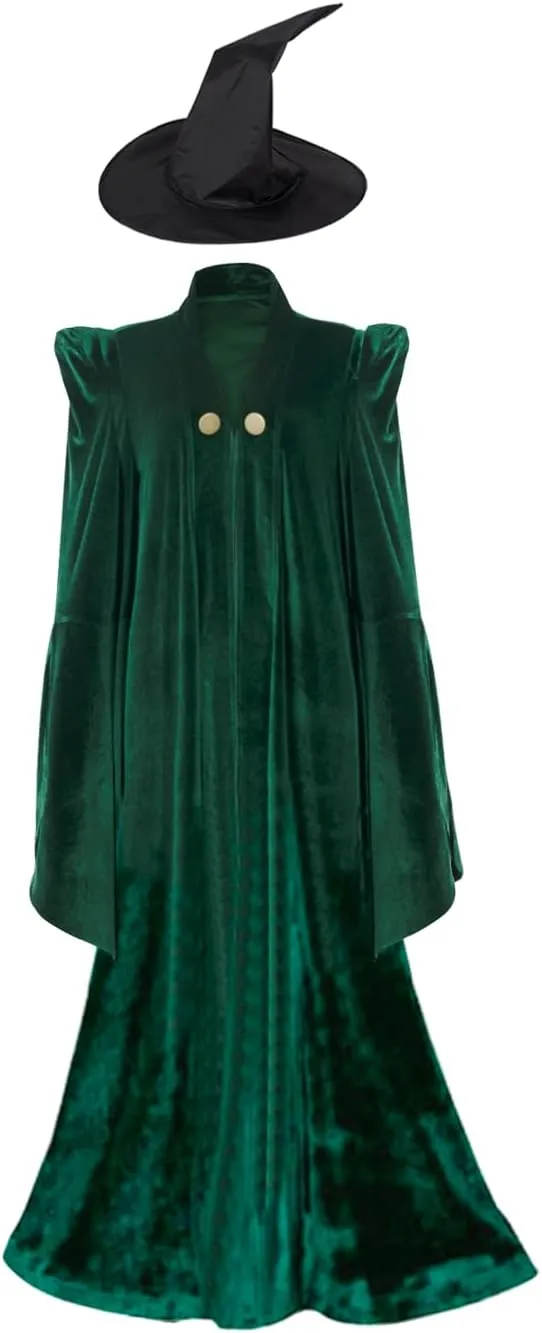 Womens Professor Costume Witch Halloween Cosplay Robe Wizard Cloak Witch Hat