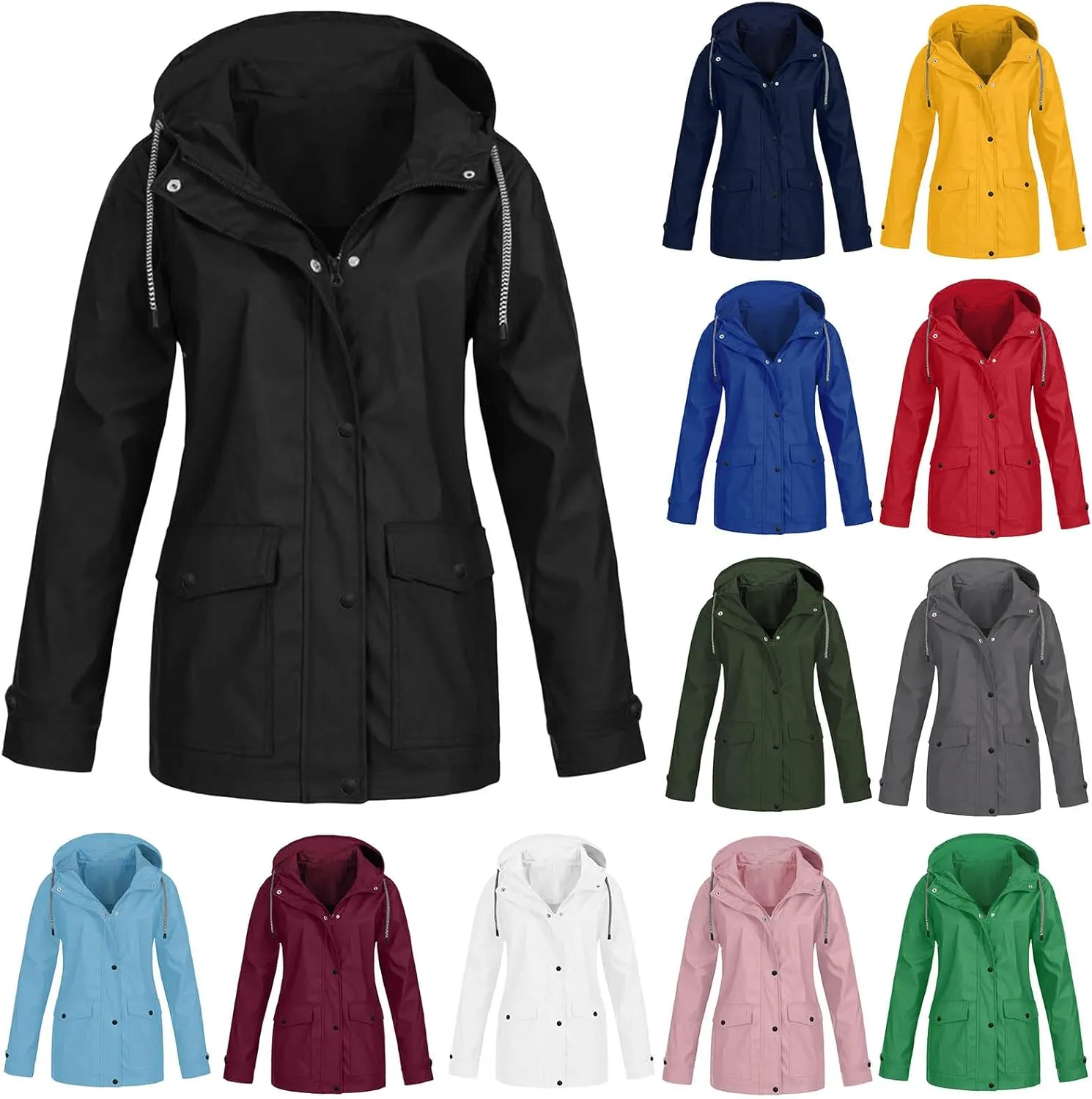 Womens Raincoat Casual Zip Up Hoodie Rain Jacket Fall Winter Windbreaker Outdoor Trench Coat Travel Waterproof Coats