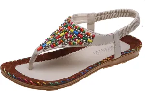 Womens Sandals Dressy Summer Comfortable Bohemian Flats, Elastic Ankle Strap Walking Beach Shoes Casual Slip on Flip Flops Sandals for Women