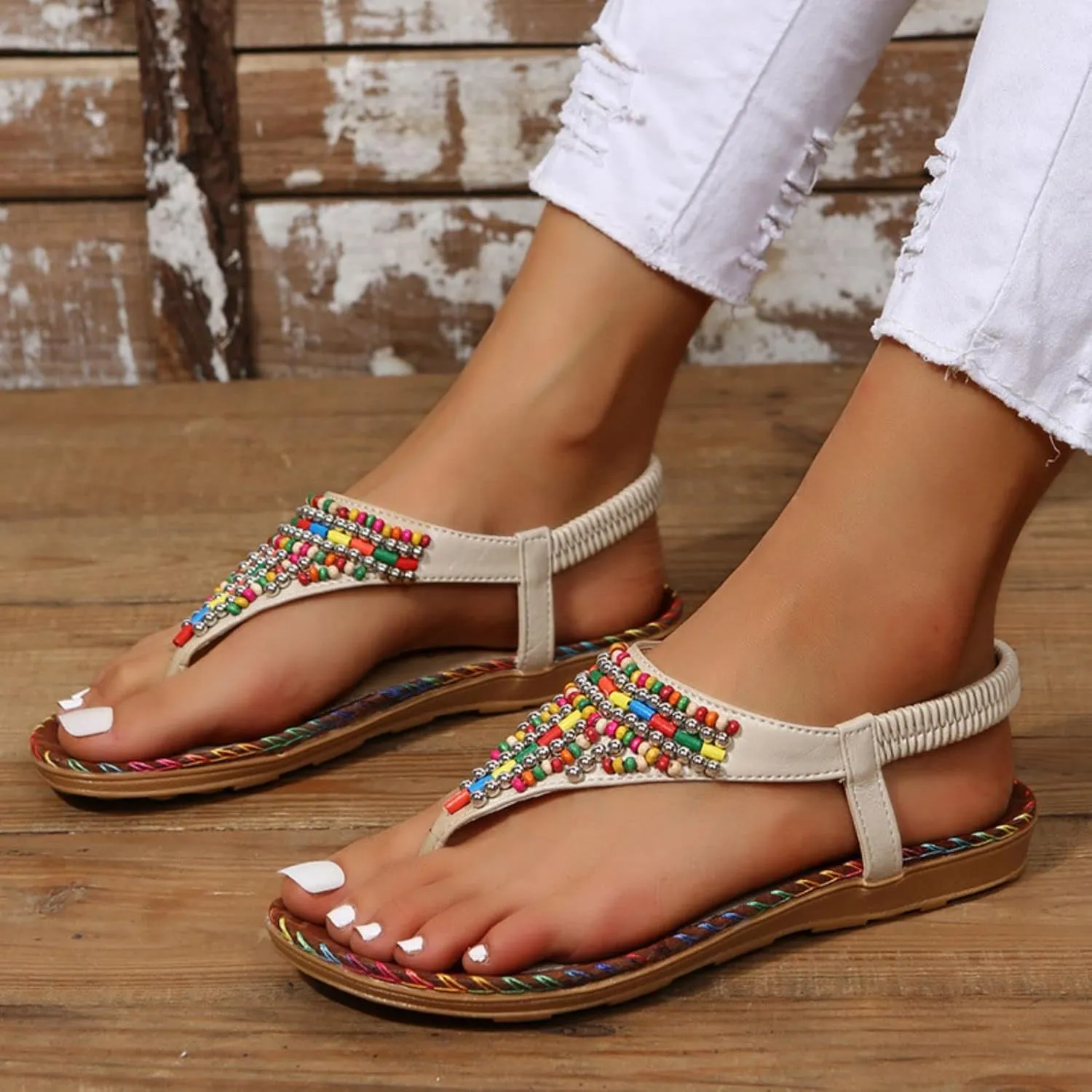 Womens Sandals Dressy Summer Comfortable Bohemian Flats, Elastic Ankle Strap Walking Beach Shoes Casual Slip on Flip Flops Sandals for Women
