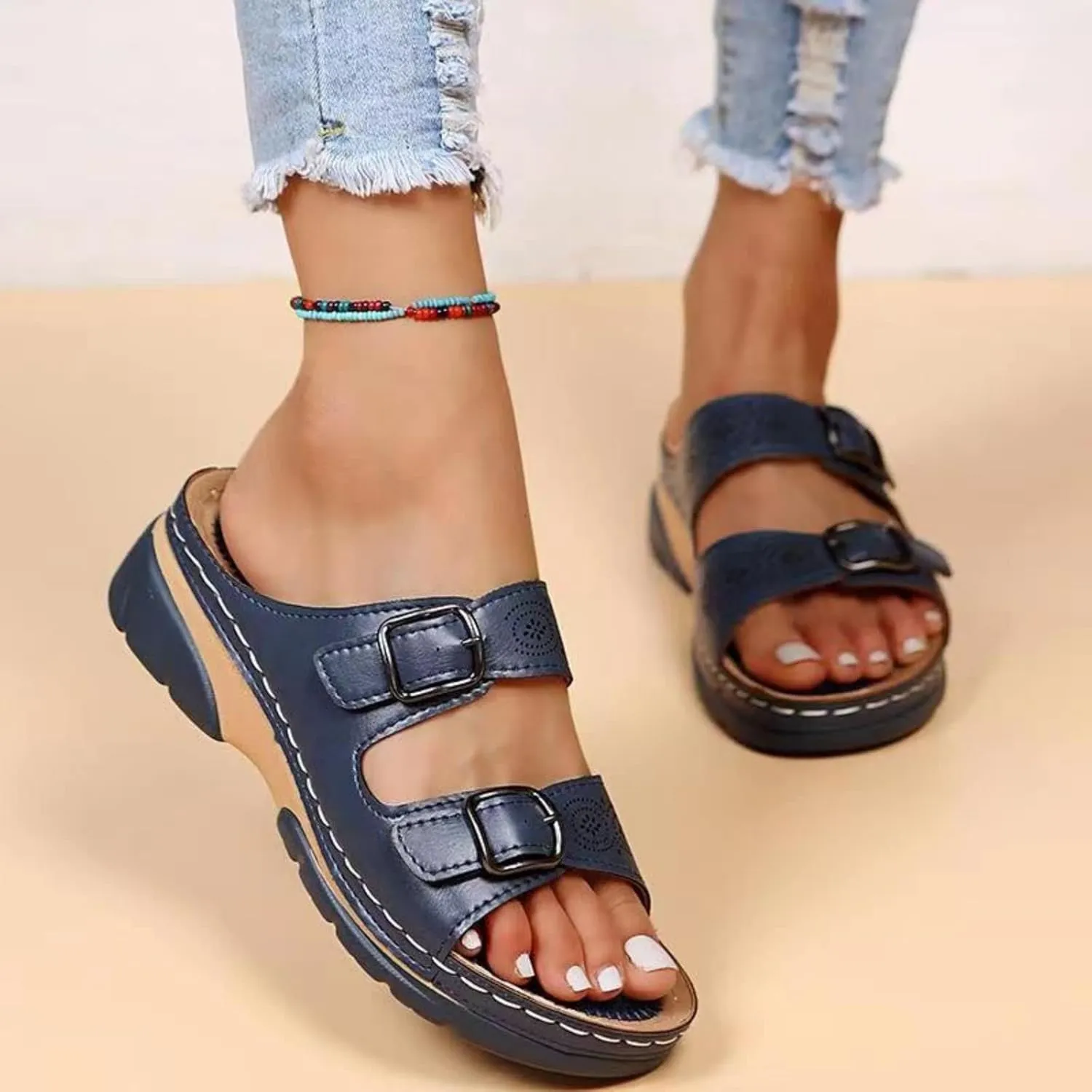 Womens Sandals Dressy Summer Comfortable Slides with Arch Support Casual Non Slip Platform Lightweight Wedge Shoes Open Toe Walking Beach Slippers Breathable Adjustable Orthopedic Diabetic Sandals