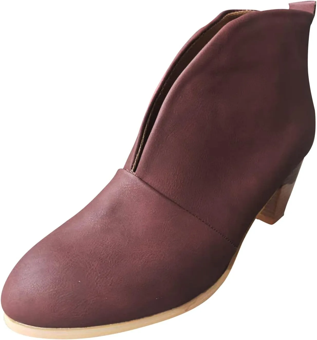Womens Shoes Fashion Slip On Short Heel Boots for Women Soft Comfortable PU Leather Solid Color Ankle Boots