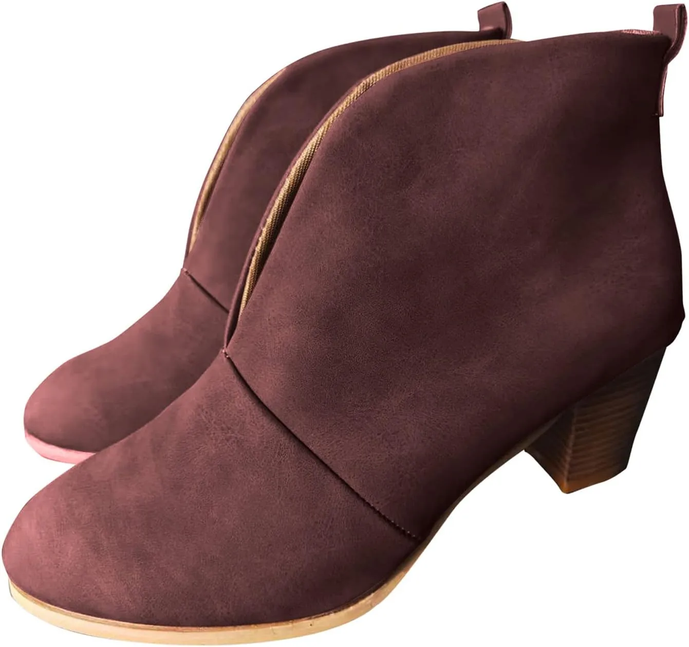 Womens Shoes Fashion Slip On Short Heel Boots for Women Soft Comfortable PU Leather Solid Color Ankle Boots