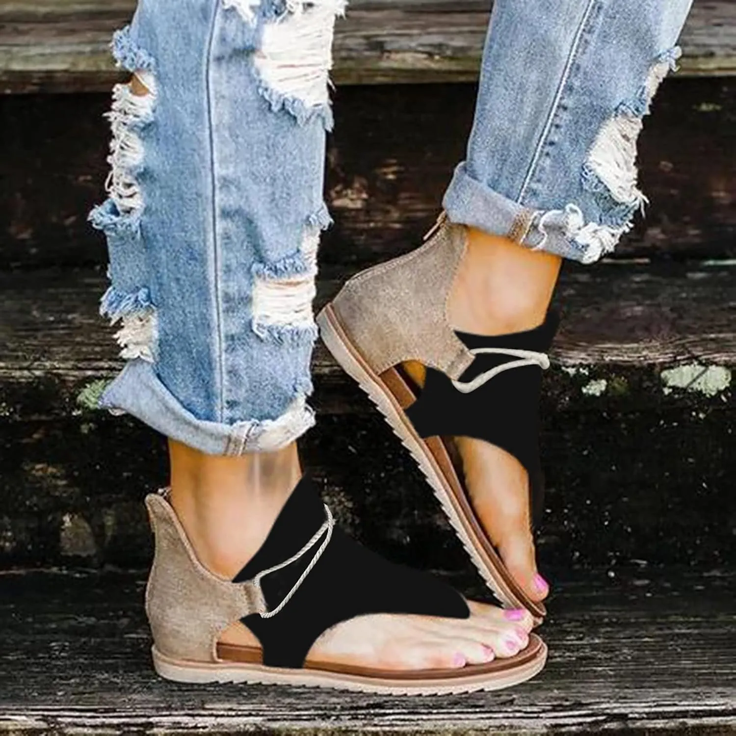 Womens Summer Clip Toe Flip Flops Comfortable Back Zipper Open Toe Flat Sandals Lightweight Casual Outdoor Stitching Non-Slip Beach Shoes Slipper