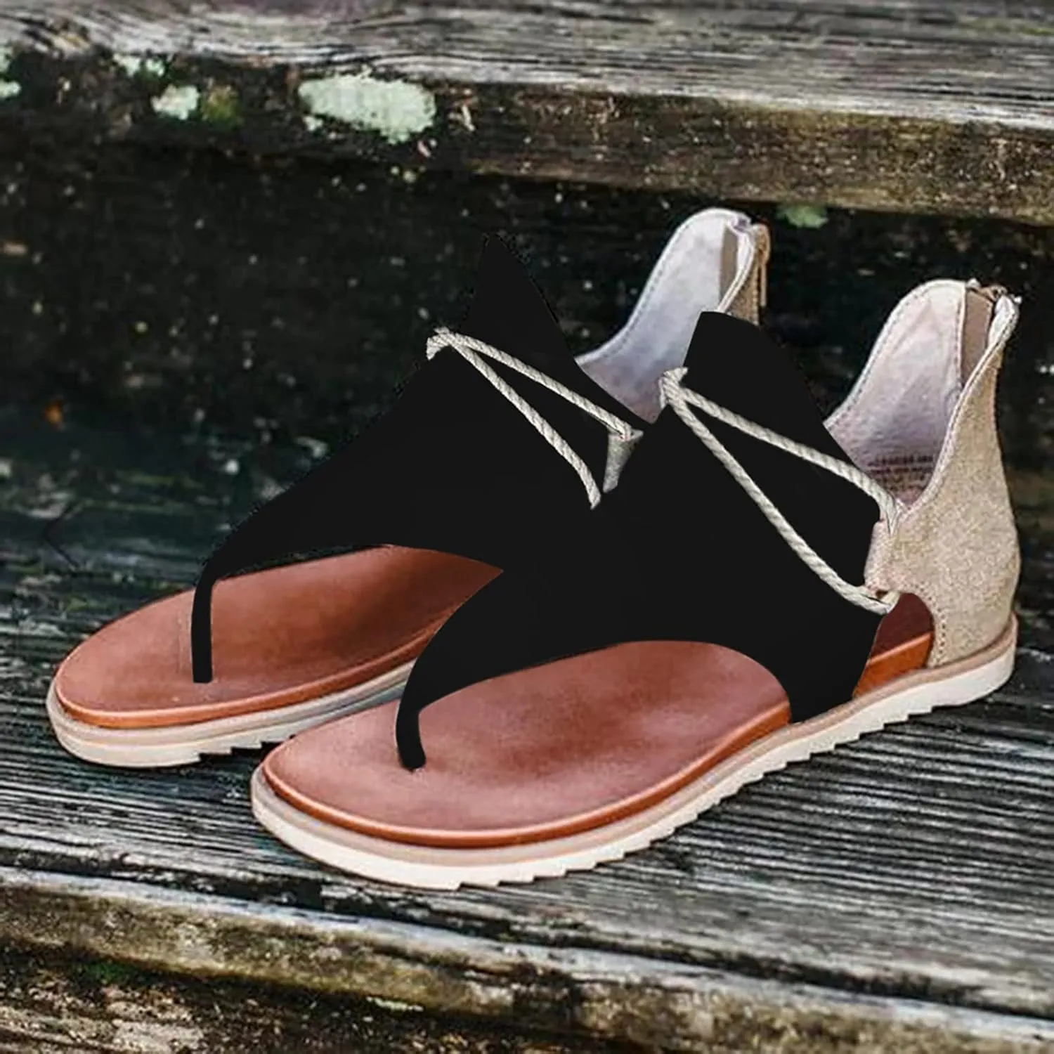 Womens Summer Clip Toe Flip Flops Comfortable Back Zipper Open Toe Flat Sandals Lightweight Casual Outdoor Stitching Non-Slip Beach Shoes Slipper