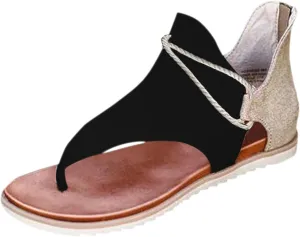 Womens Summer Clip Toe Flip Flops Comfortable Back Zipper Open Toe Flat Sandals Lightweight Casual Outdoor Stitching Non-Slip Beach Shoes Slipper