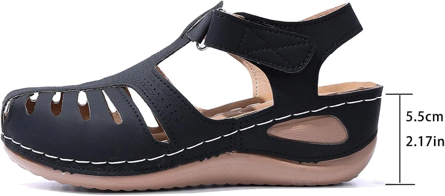 Womens Summer Sandals Casual Bohemia Gladiator Closed Toe Wedge Shoes Comfort Ankle Strap Slip On Platform Orthopedic Sandals with Arch Support