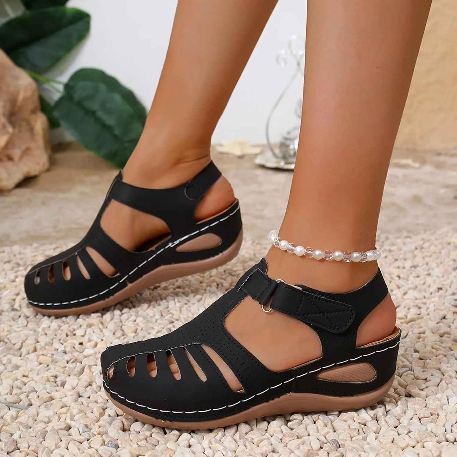 Womens Summer Sandals Casual Bohemia Gladiator Closed Toe Wedge Shoes Comfort Ankle Strap Slip On Platform Orthopedic Sandals with Arch Support