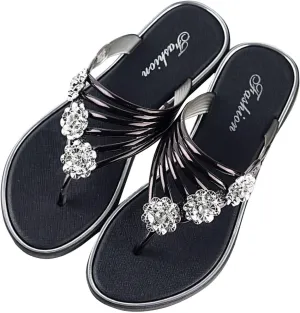 Women's Summer Sandals Rhinestone Flower Embellished Flip Flops Flat Bottom Lightweight Casual Herringbone Slippers