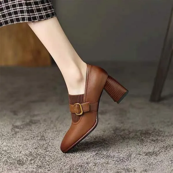 Women's Vintage Knitted Patchwork Chunky Heel Mary Jane Pumps 51597567C