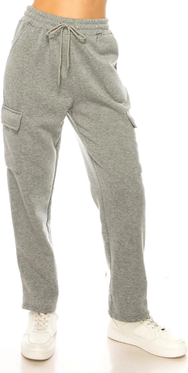 Women's Warm Athletic Cargo Sweatpants Drawstring Jogger Straight Relaxed Fit Fleece Pants
