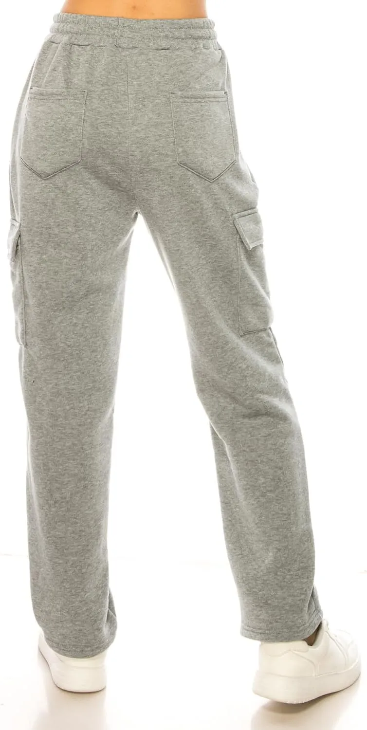 Women's Warm Athletic Cargo Sweatpants Drawstring Jogger Straight Relaxed Fit Fleece Pants