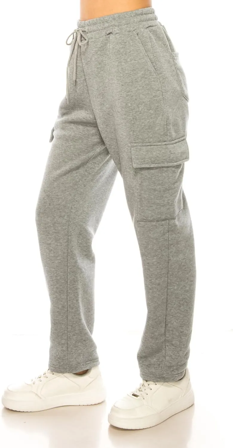 Women's Warm Athletic Cargo Sweatpants Drawstring Jogger Straight Relaxed Fit Fleece Pants