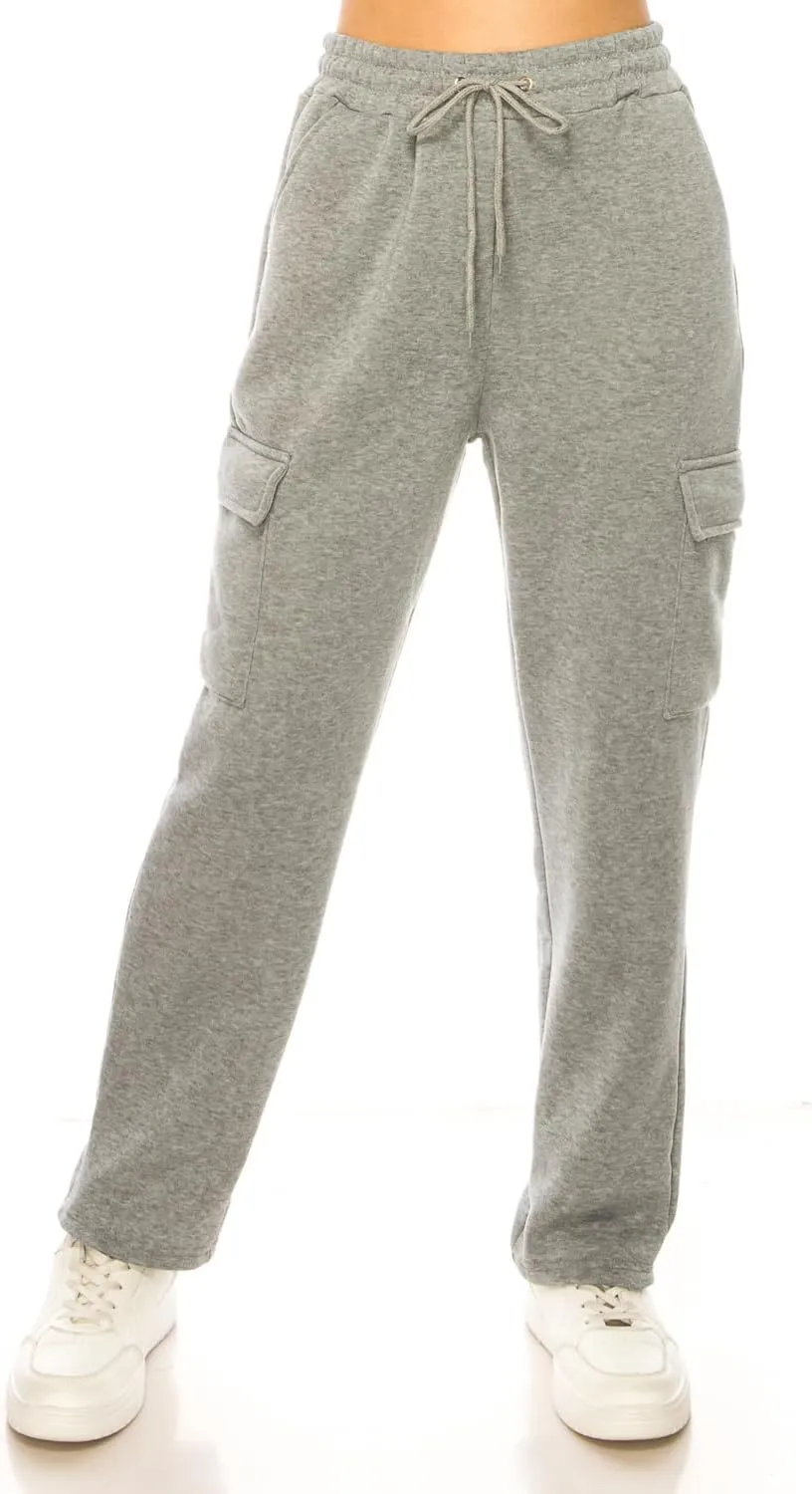 Women's Warm Athletic Cargo Sweatpants Drawstring Jogger Straight Relaxed Fit Fleece Pants