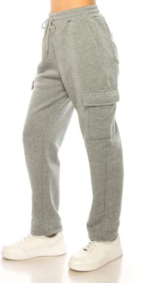 Women's Warm Athletic Cargo Sweatpants Drawstring Jogger Straight Relaxed Fit Fleece Pants