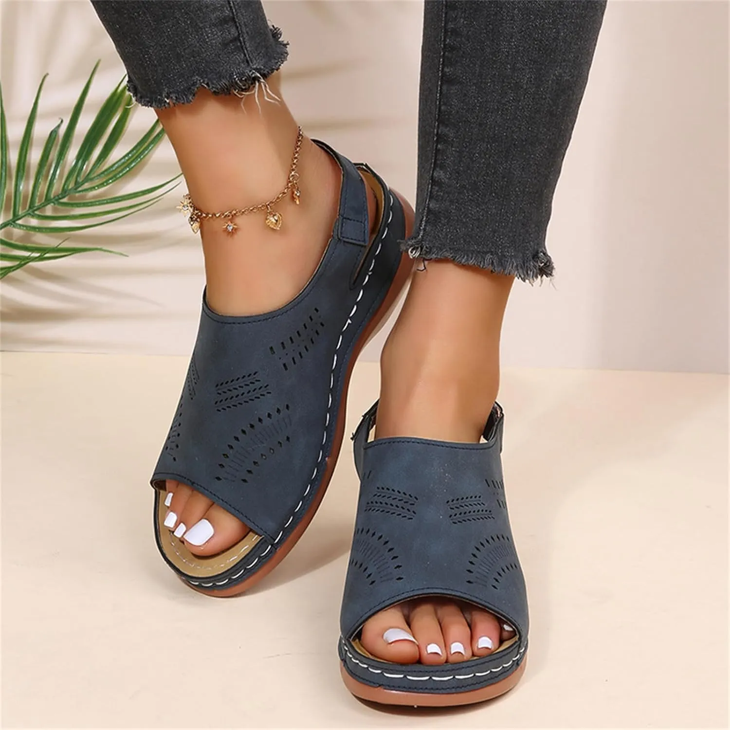 Womens Wedge Sandals Low Wedge Sandals with Back Strap Wide Width Open Toe Shoes Casual Walking Shoes Hollow Out Breathable Beach Sandal Comfortable Wedges Adjustable Hoop Lightweight Shoe