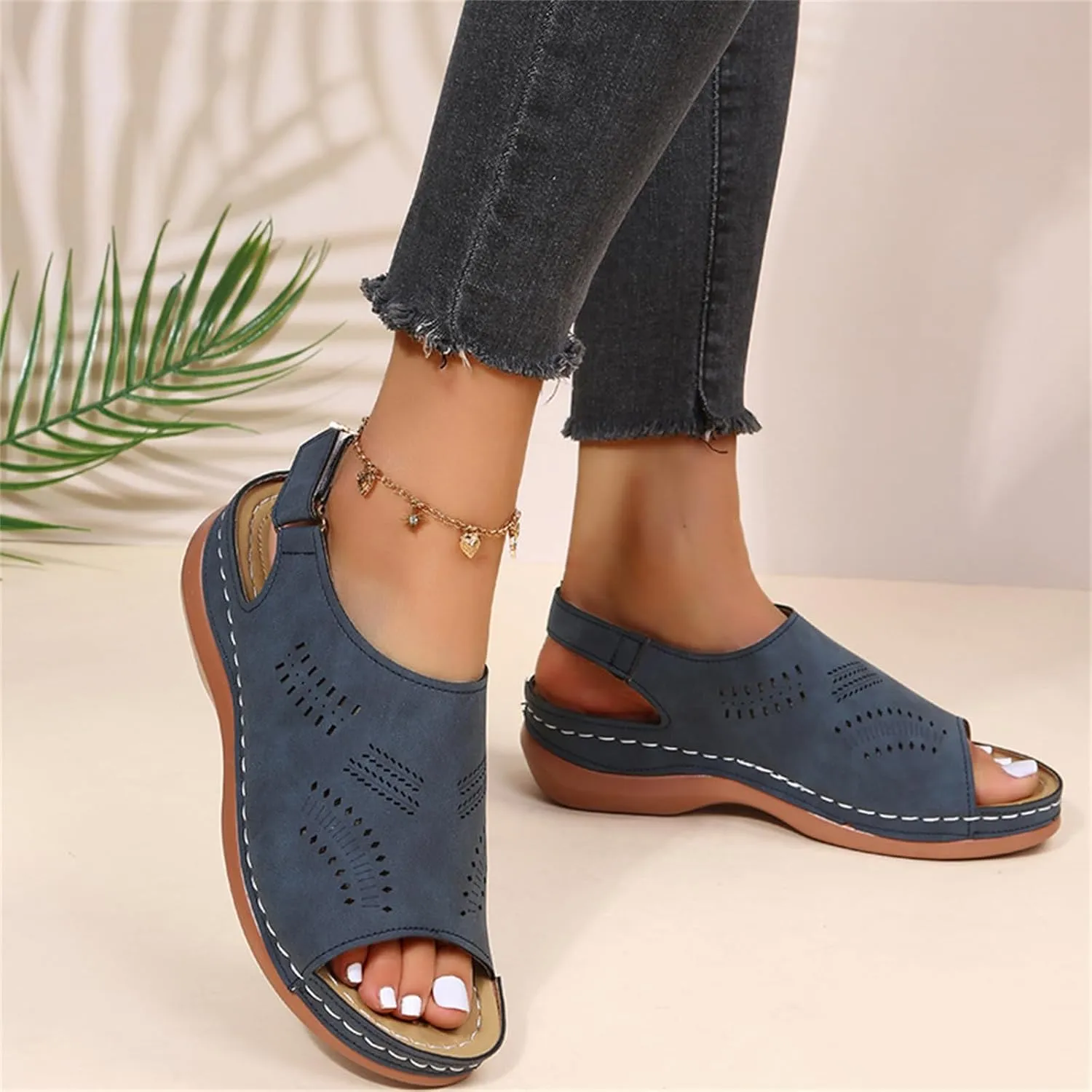 Womens Wedge Sandals Low Wedge Sandals with Back Strap Wide Width Open Toe Shoes Casual Walking Shoes Hollow Out Breathable Beach Sandal Comfortable Wedges Adjustable Hoop Lightweight Shoe