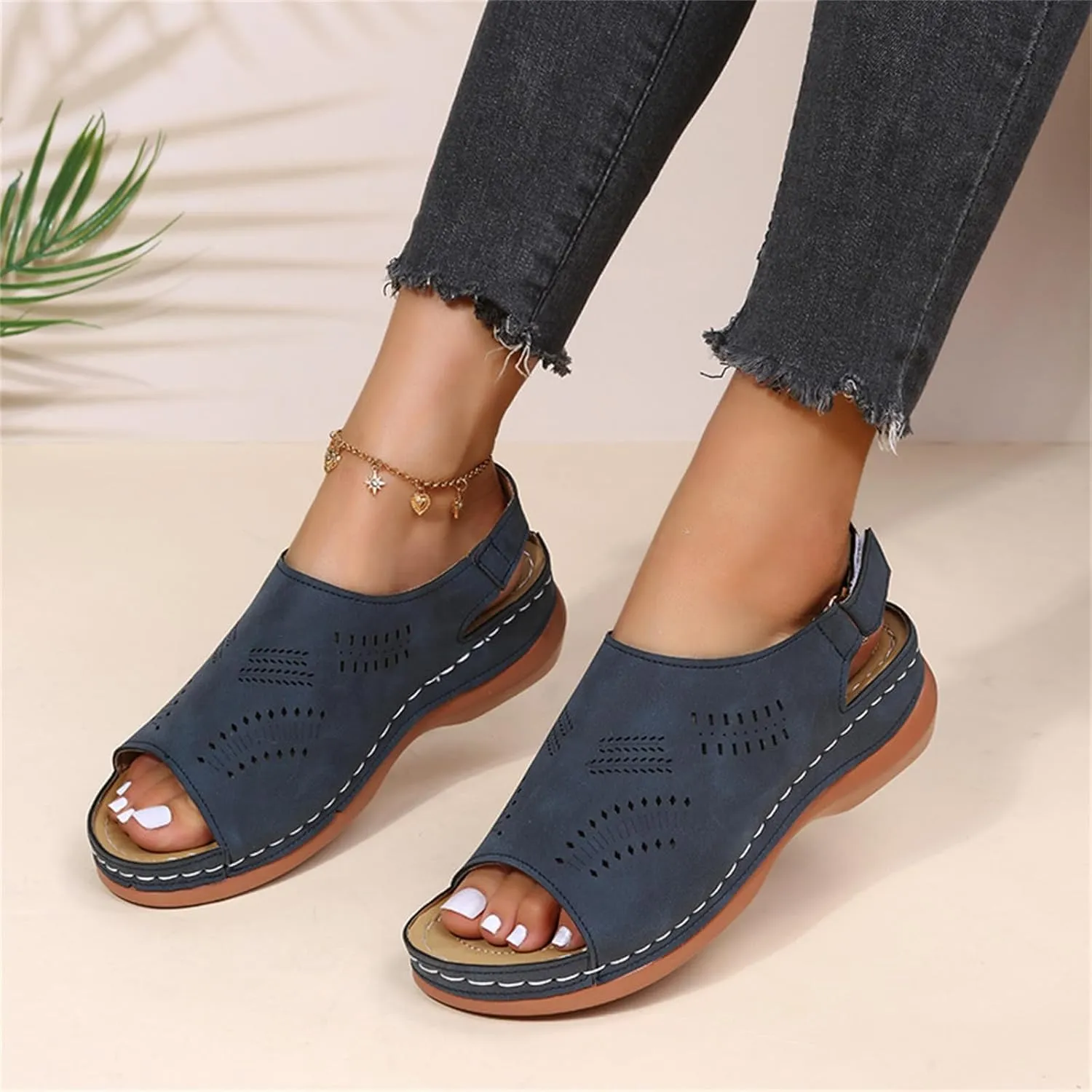 Womens Wedge Sandals Low Wedge Sandals with Back Strap Wide Width Open Toe Shoes Casual Walking Shoes Hollow Out Breathable Beach Sandal Comfortable Wedges Adjustable Hoop Lightweight Shoe