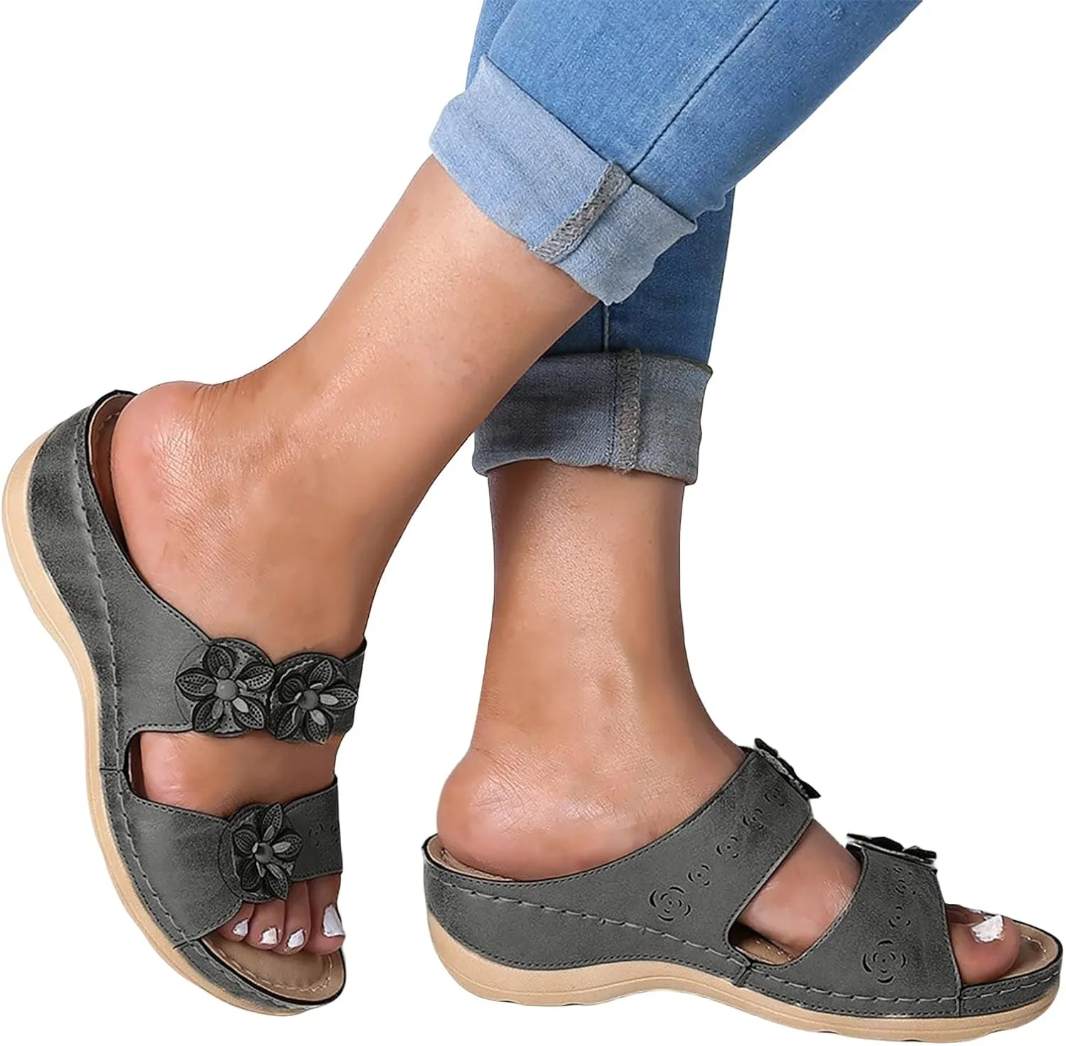 Womens Wedge Sandals Orthopedic Sandals for Women Casual Comfortable Slip on Summer Walking Shoes, Hollow Out Flower Breathable Shoes Arch Support Slide Sandal