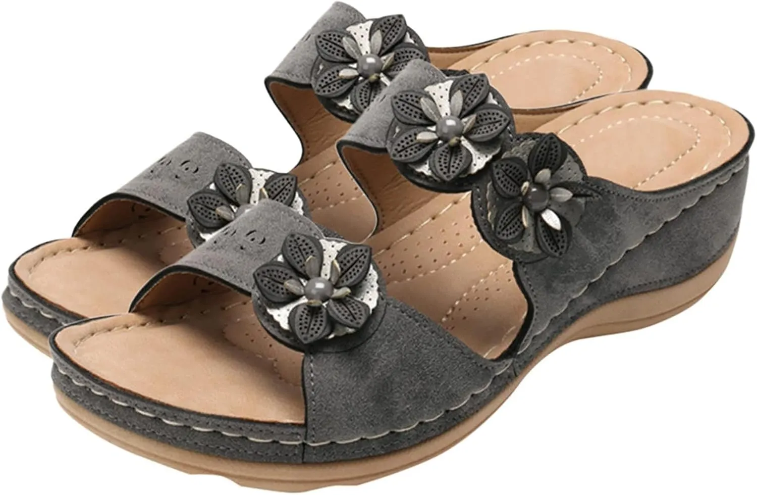 Womens Wedge Sandals Orthopedic Sandals for Women Casual Comfortable Slip on Summer Walking Shoes, Hollow Out Flower Breathable Shoes Arch Support Slide Sandal