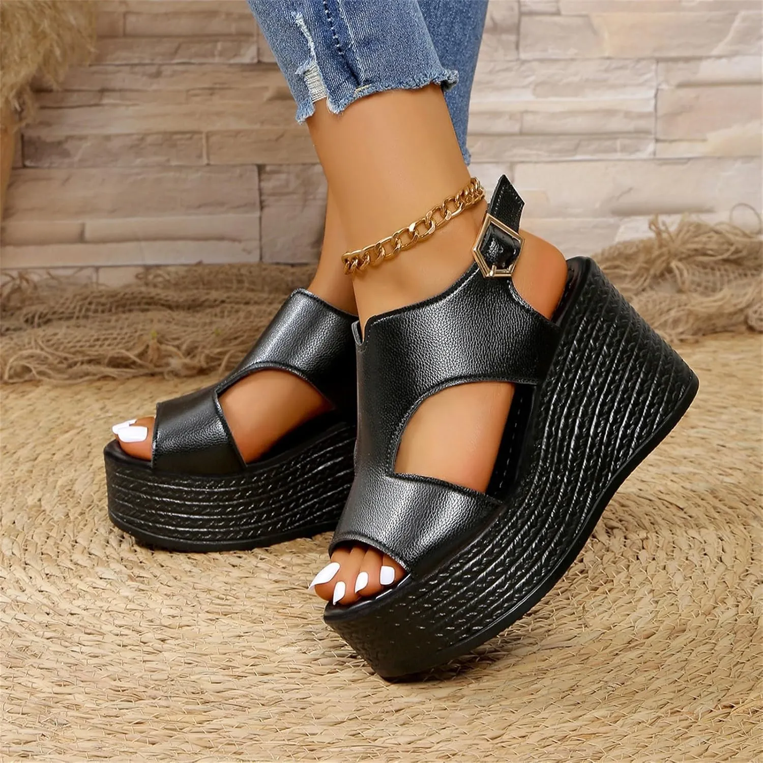 Womens Wedge Sandals, Orthopedic Sandals for Women Open Toe Wedge Platform Slides with Back Strap Summer Slip On Walking Shoes