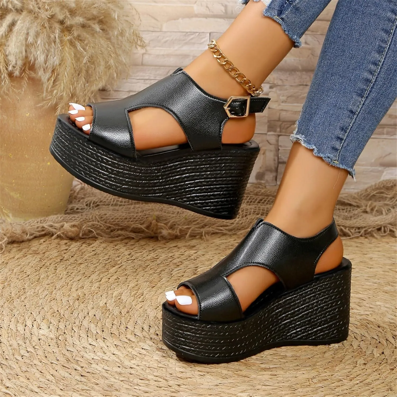 Womens Wedge Sandals, Orthopedic Sandals for Women Open Toe Wedge Platform Slides with Back Strap Summer Slip On Walking Shoes