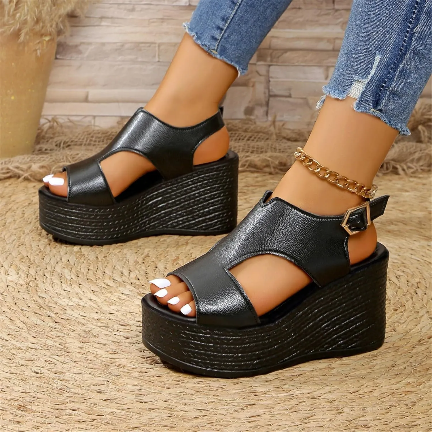 Womens Wedge Sandals, Orthopedic Sandals for Women Open Toe Wedge Platform Slides with Back Strap Summer Slip On Walking Shoes