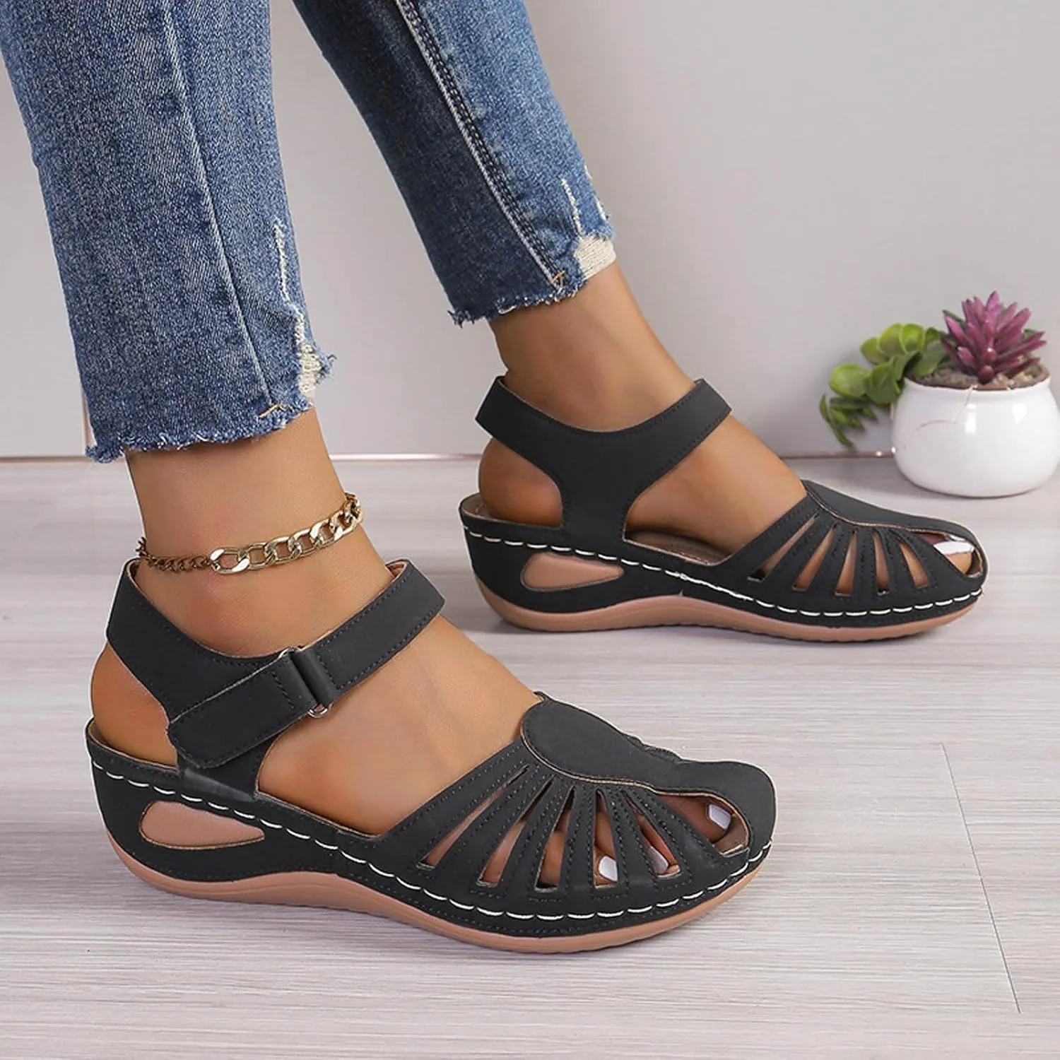 Women's Wedge Sandals Summer 2025, Closed Toe Dressy Platform Wedge Orthopedic Casual Comfortable Outdoor Sandals Walking Beach Shoes with Arch Support