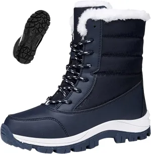 Women's Winter Mid-Calf Waterproof Snow Boots,Comfy Warm Fur Lined Non-Slip Lace-up Outdoor Hiking Short Ankle Booties