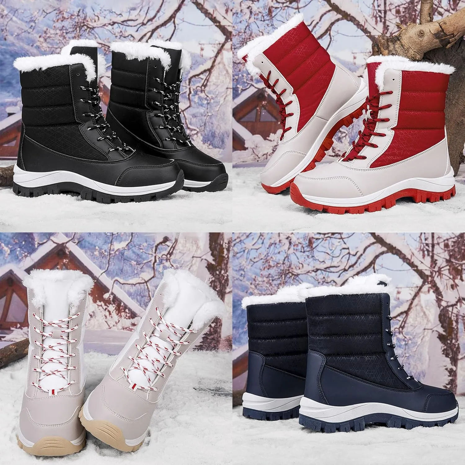 Women's Winter Mid-Calf Waterproof Snow Boots,Comfy Warm Fur Lined Non-Slip Lace-up Outdoor Hiking Short Ankle Booties
