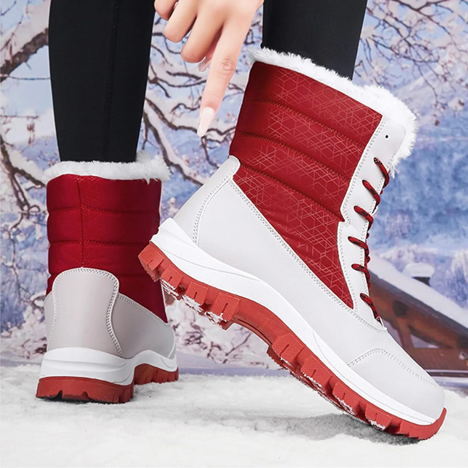 Women's Winter Mid-Calf Waterproof Snow Boots,Comfy Warm Fur Lined Non-Slip Lace-up Outdoor Hiking Short Ankle Booties