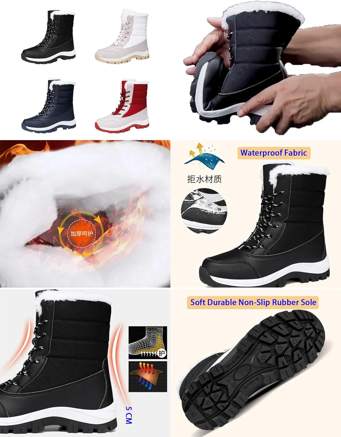 Women's Winter Mid-Calf Waterproof Snow Boots,Comfy Warm Fur Lined Non-Slip Lace-up Outdoor Hiking Short Ankle Booties