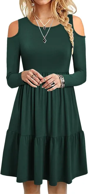 YATHON Women's Casual Cold Shoulder Sleeve Mini Dress Summer Loose Short Ruffle Pleated Dress with Pockets