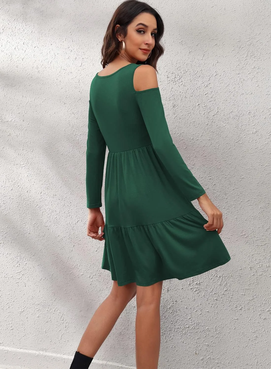 YATHON Women's Casual Cold Shoulder Sleeve Mini Dress Summer Loose Short Ruffle Pleated Dress with Pockets