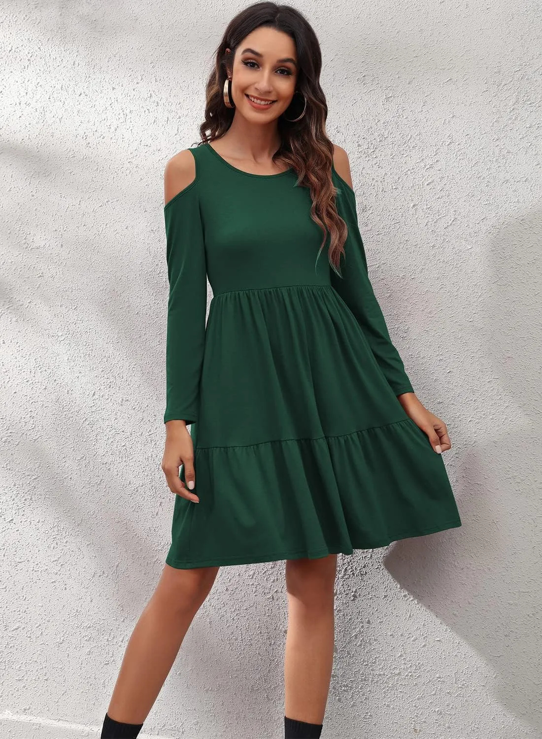 YATHON Women's Casual Cold Shoulder Sleeve Mini Dress Summer Loose Short Ruffle Pleated Dress with Pockets