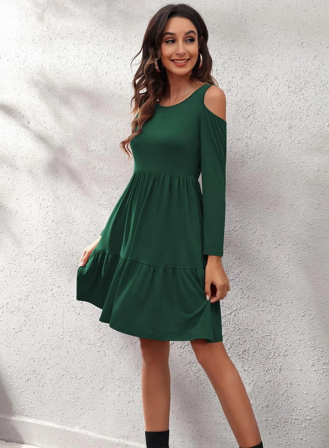 YATHON Women's Casual Cold Shoulder Sleeve Mini Dress Summer Loose Short Ruffle Pleated Dress with Pockets