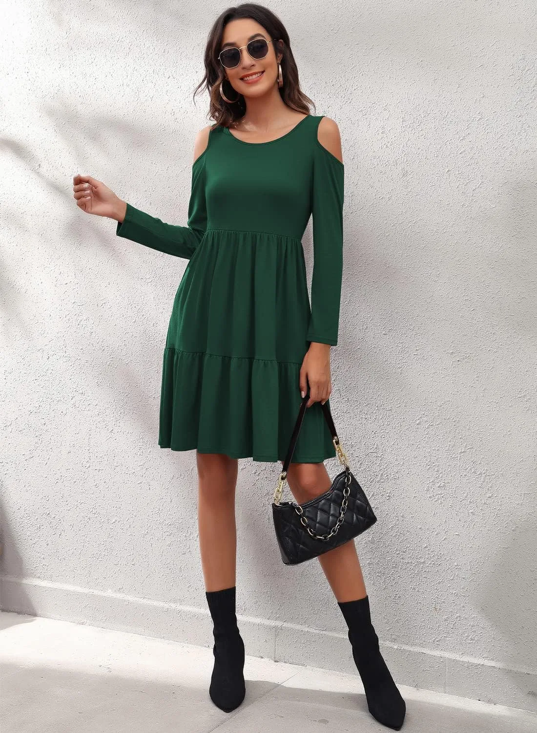 YATHON Women's Casual Cold Shoulder Sleeve Mini Dress Summer Loose Short Ruffle Pleated Dress with Pockets