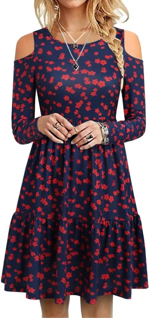 YATHON Women's Casual Cold Shoulder Sleeve Mini Dress Summer Loose Short Ruffle Pleated Dress with Pockets