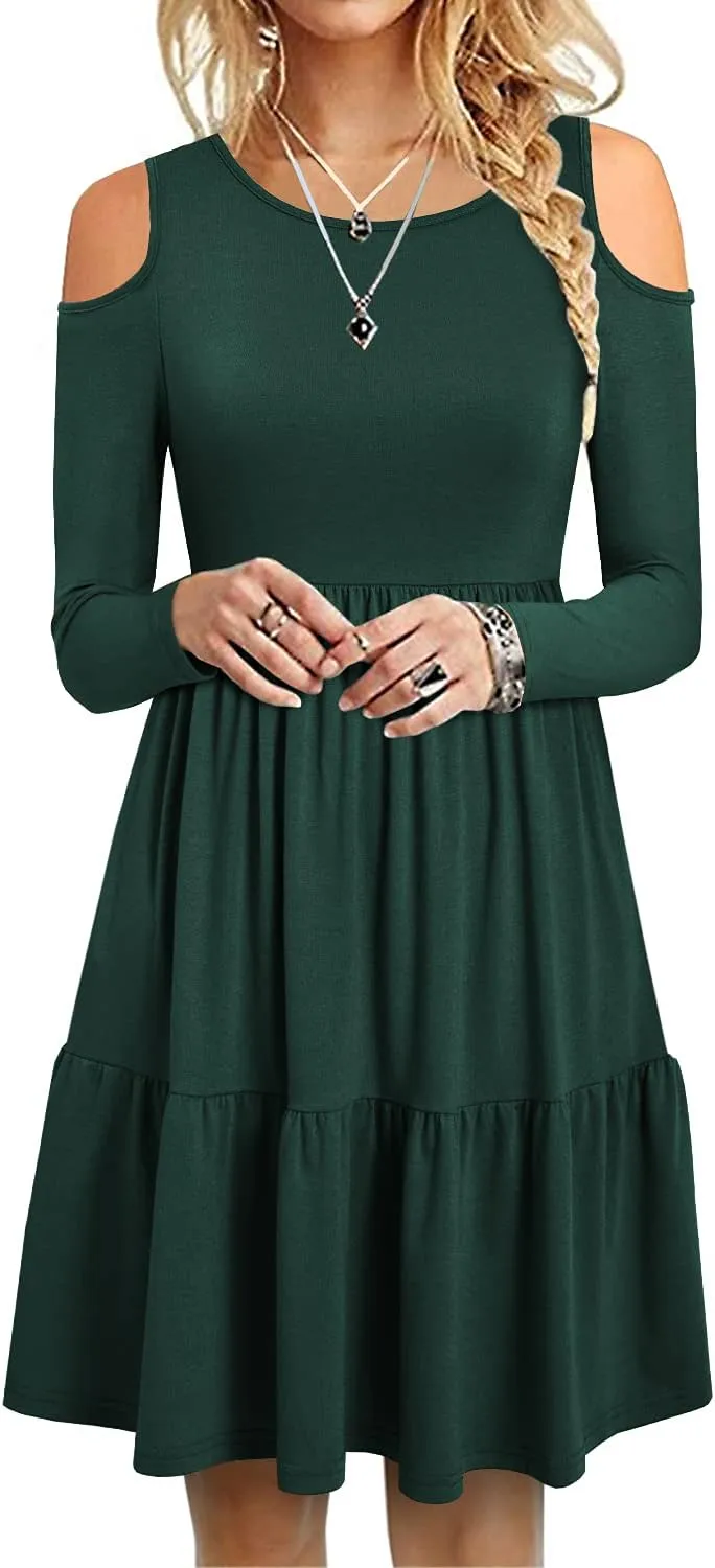 YATHON Women's Casual Cold Shoulder Sleeve Mini Dress Summer Loose Short Ruffle Pleated Dress with Pockets